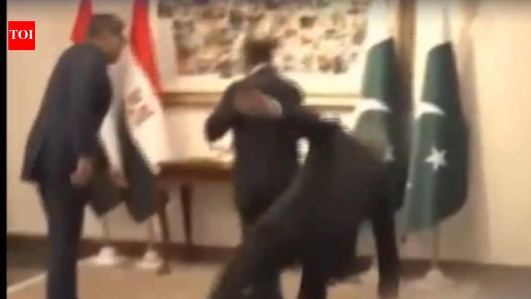 Pakistan Deputy Prime Minister Ishaq Dar falls while welcoming Egypt’s foreign minister to Middle East peace talks, video goes viral