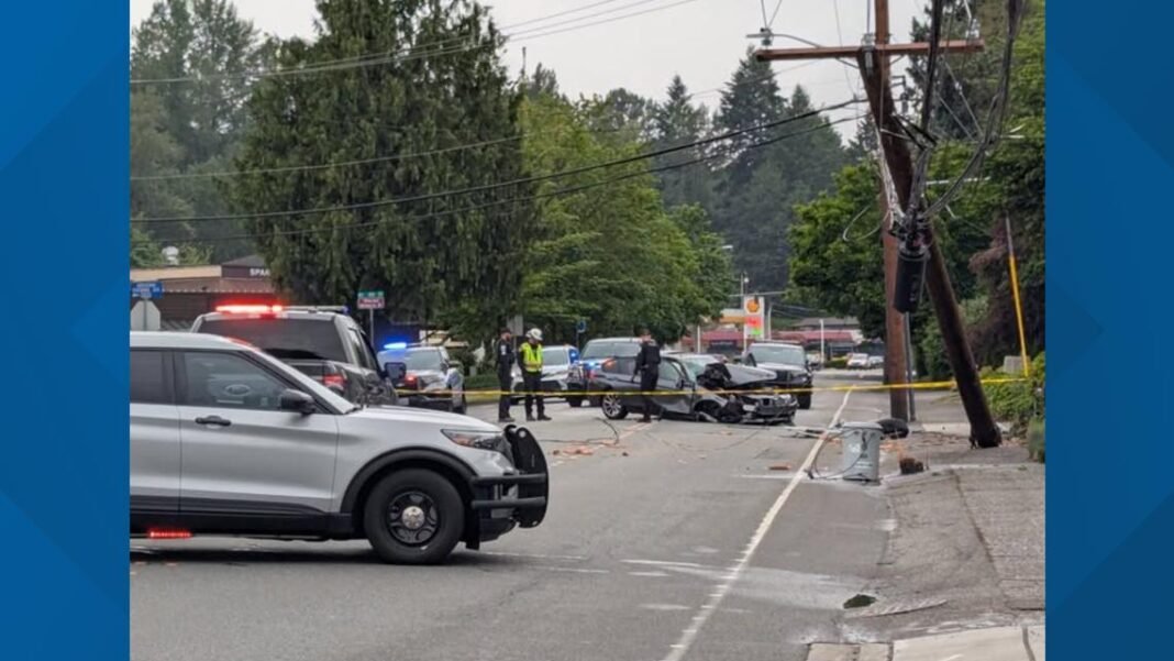 Two-vehicle collision causes downed power lines and road closures in Bothell

